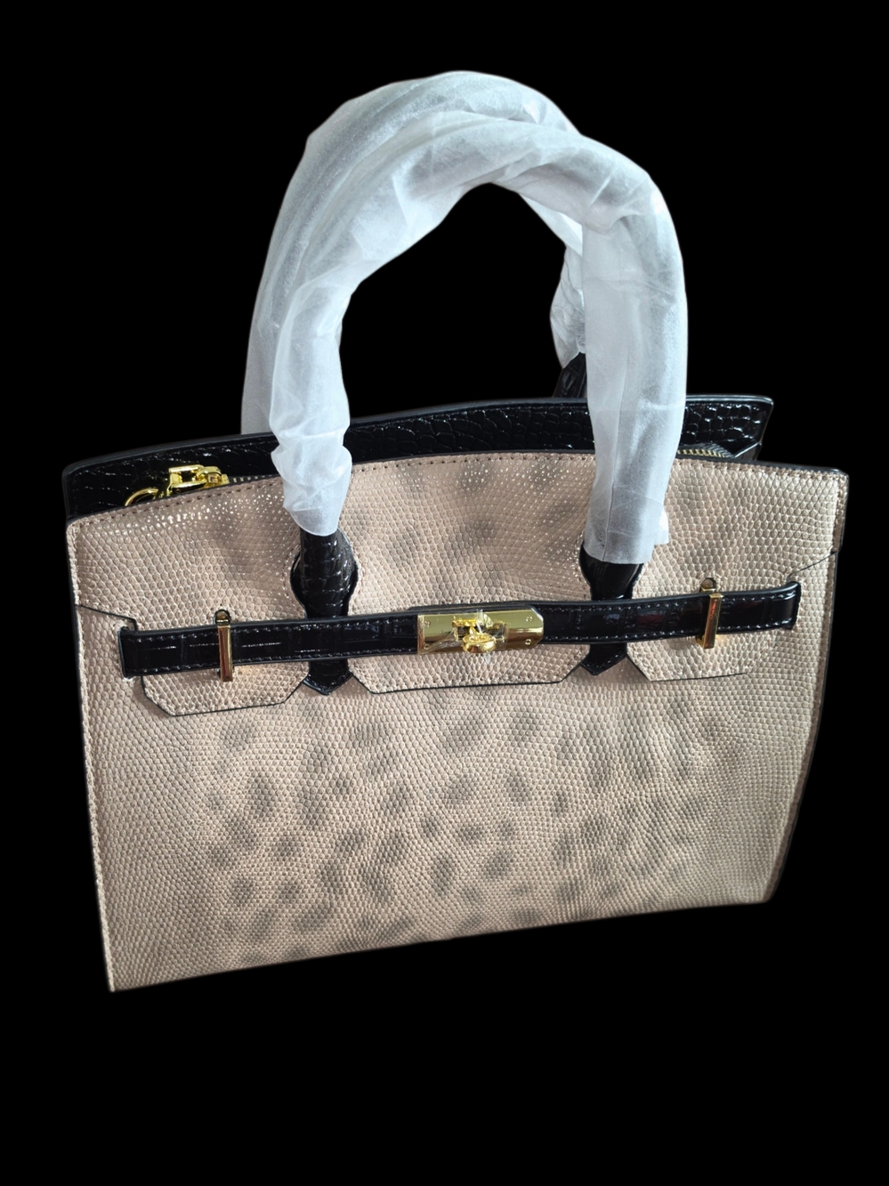 BRAND NEW - Structured Beige and Black Tote Handbag with Gold Hardware